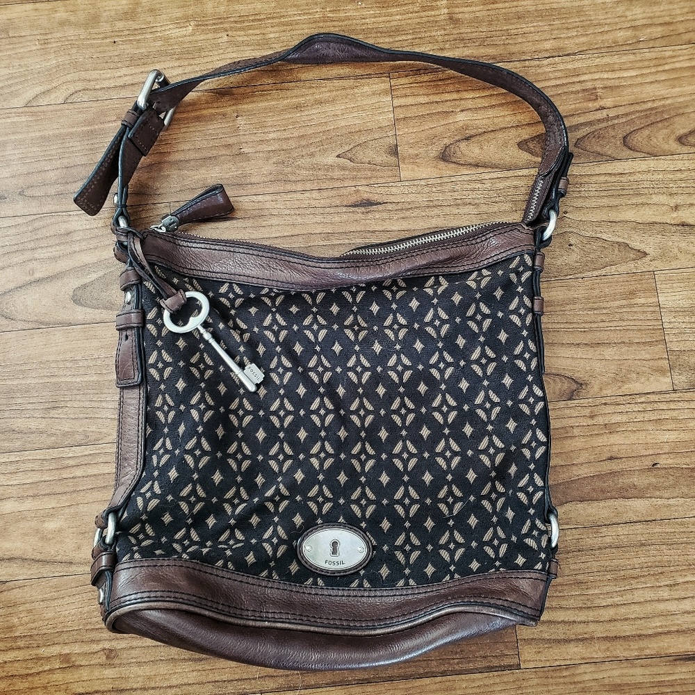 Fossil leather & brocade shoulder bucket bag